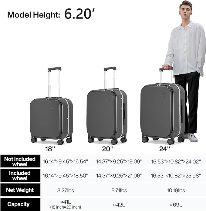 mixi Luggage Suitcase with Spinner Wheels, 24'' Checked Travel Luggage Aluminum Frame PC Hardside with TSA Lock & Cover - Rock Gray
