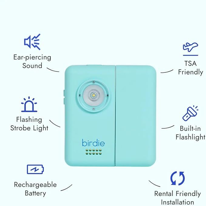 She's Birdie - The Original Personal Safety Door Alarm for Travel, at Home, or Window Security - Portable, Loud Siren, Flashing Light Alert + Built in Flashlight, Rechargeable, Rental Safe (Aqua)