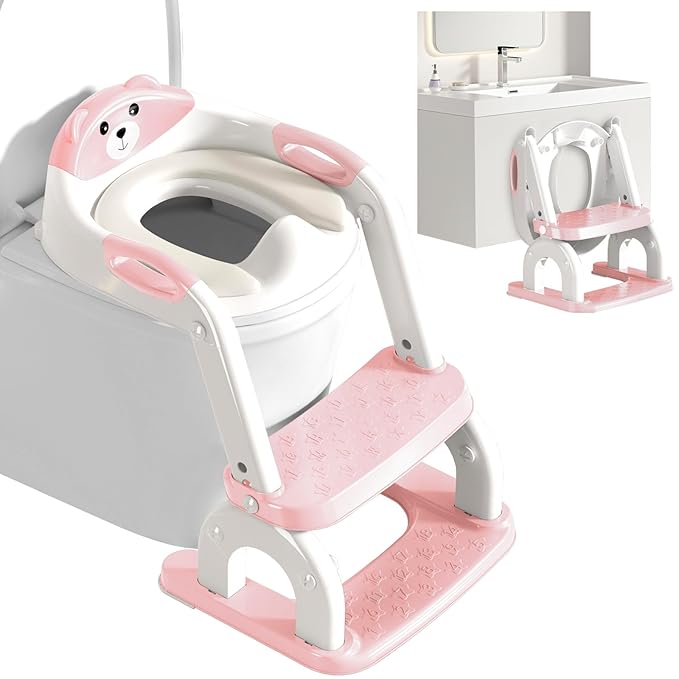 Potty Training Seat for Toddlers - Upgrade 2-in-1 Toilet Seat Toilet Ladder for Kids Children Boys Girls, Anti-Slip Pad & Adjustable Height with Waterproof PVC Cushion - Pink