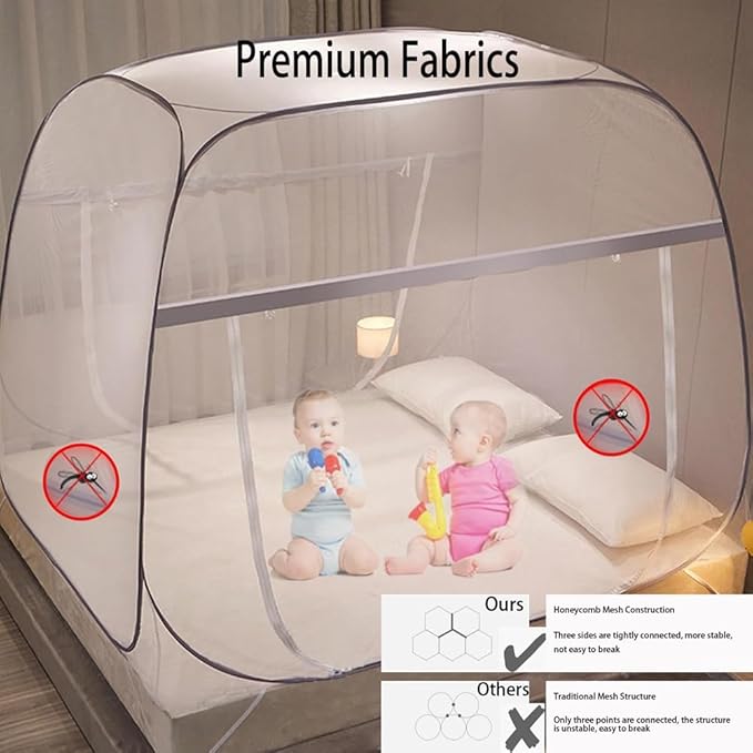 Pop-Up Mosquito Net Tent for Beds Portable Folding Canopy with Net Bottom, Fits Twin to King Size 79x71x59inch, Easy Install Wash for Baby Adults, Indoor Outdoor Use (Gray-Queen Bed)
