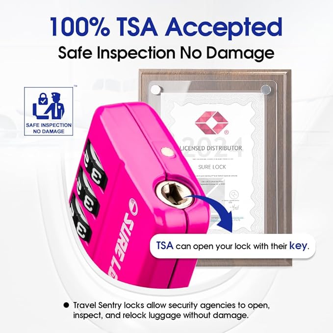 SURE LOCK TSA Approved 4-Digit Resettable Combination Luggage Locks with Open Alert, Easy-Read Dials - for Luggage, School Lockers, Gym, Office, Toolbox & Security Cases (Pink 2 Pack)
