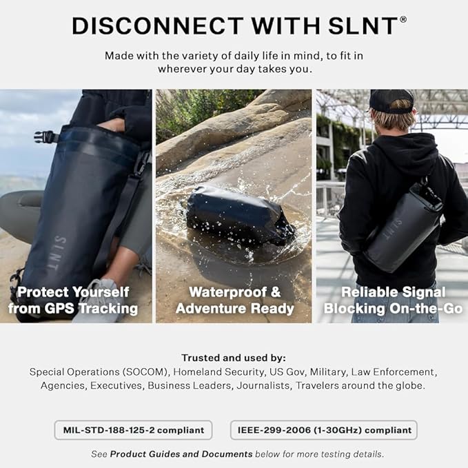 SLNT Waterproof Faraday Dry Bag - 420D Waterproof Nylon Signal Blocking Backpack - Protects Electronics from Water, Spying, Hacking - Blocks RFID, WiFi, Bluetooth, NFC, Cellular, GPS, EMF (10 Liter)
