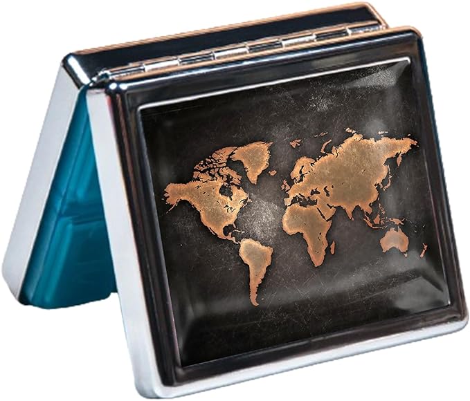 Silver Vintage Pill Box 7 Day Metal Pill Box with Mirror and 8 Compartments Cute Travel Pill Organizer for Purse (Vintage World Map)