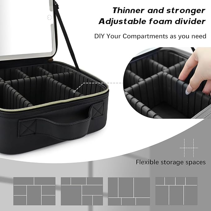 Makeup Bag with Led Mirror,Travel Makeup Organizer with 3 Color Setting & Jewelry storage box, Portable Storage and Adjustable Dividers Travel Makeup Bag(Black)