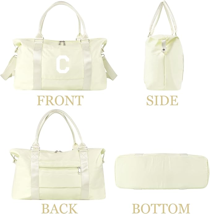 Initial Travel Duffel Bag Sports Gym Bag for Kids Teen Birthday Gifts,Beige Personalized Weekender Bag Carry On Dance Bags for Women Men,Waterproof Monogram Overnight Bag with Trolley Sleeve(Letter C)
