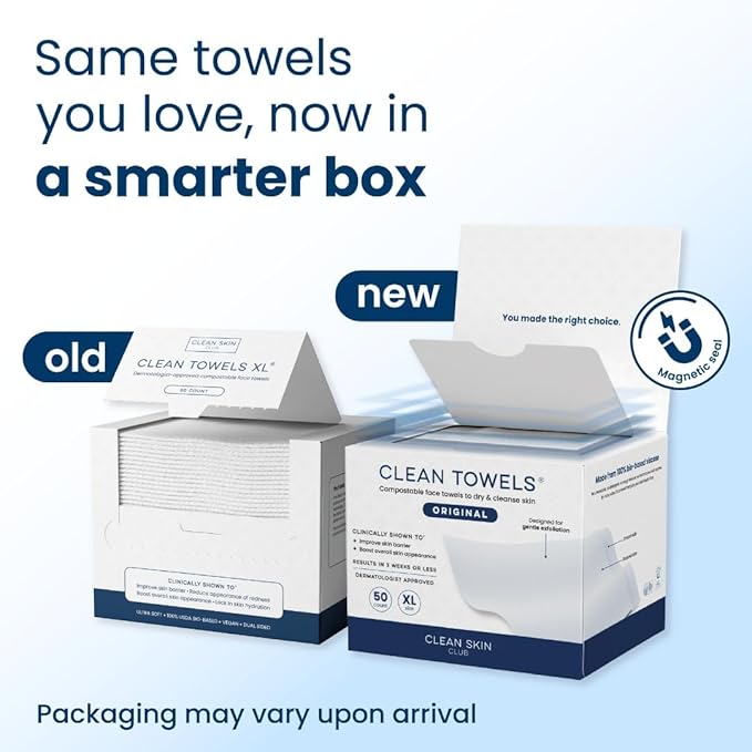 Clean Skin Club Clean Towels XL®, 100% USDA Biobased Face Towel, Disposable Face Towelette, Eczema Association Accepted, Makeup Remover Dry Wipes, Ultra Soft, 50 ct per pack, 4 Packs, 200 Ct Total