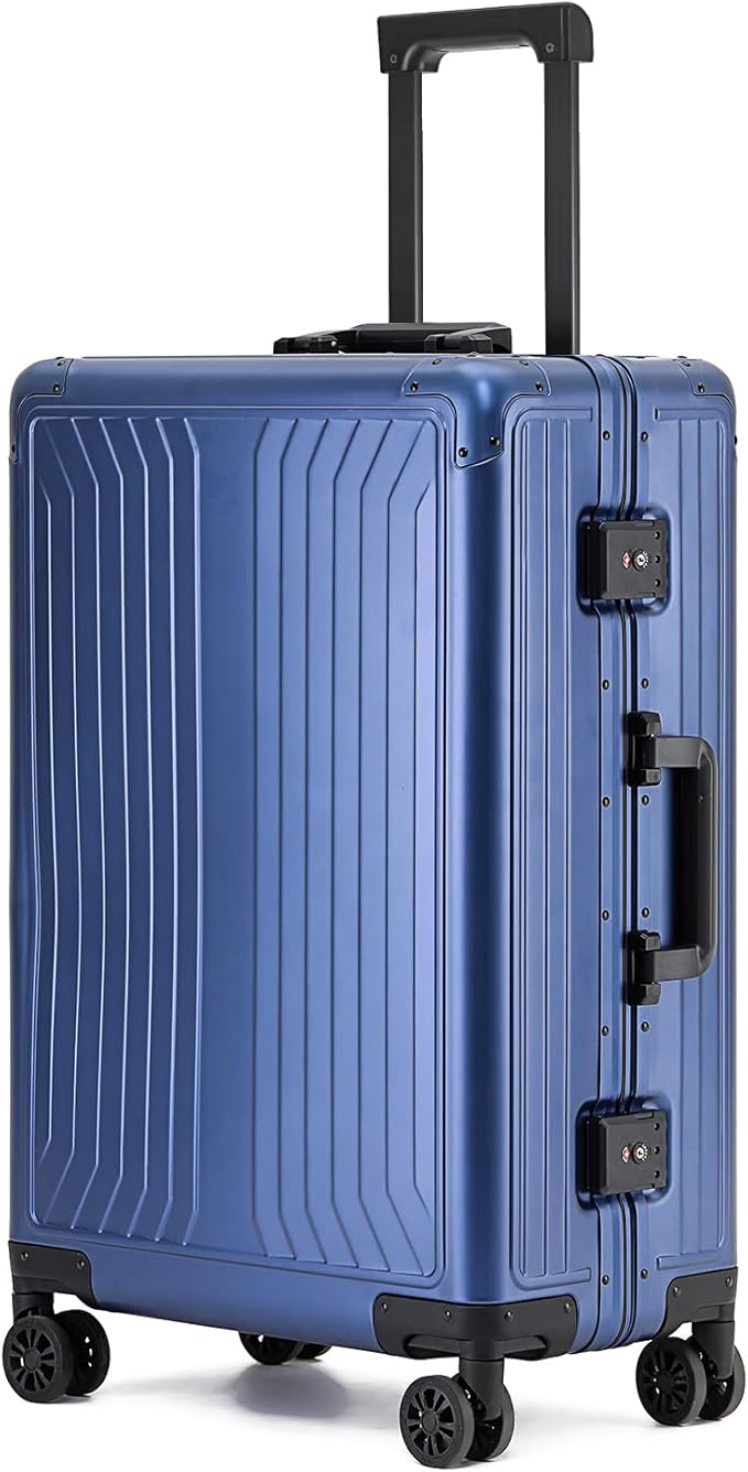 Metal all aluminum carry-on suitcase 20 "hard face, TSA lock and rotating wheel zippered luggage set (blue, 28 '')