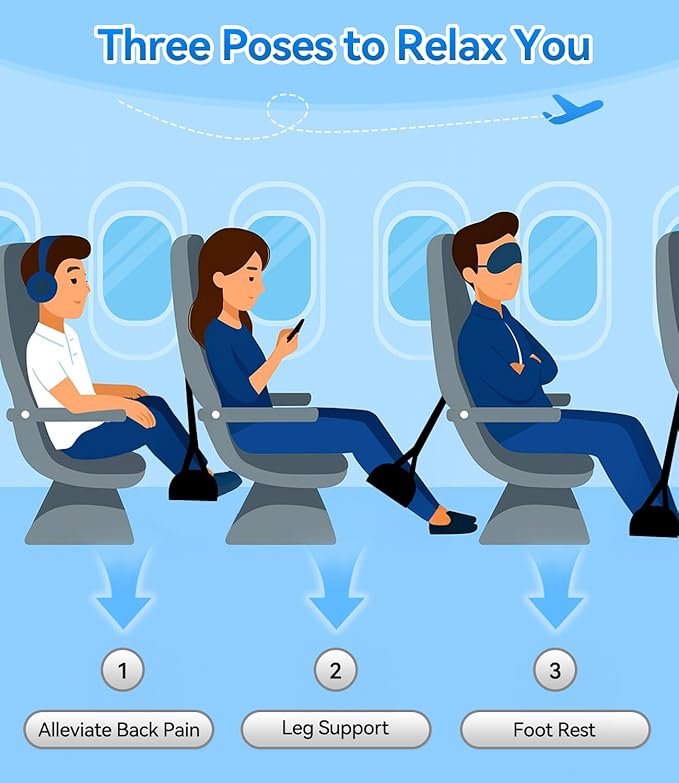 Portable Airplane Foot Hammock(Memory Foam)-Ultimate Comfort Bundle w/Sleep Mask & Ear Plugs, Foot Hammock for Plane Travel Essentials to Relax Your Feet, Airplane Foot Rest Perfect for Long Flight