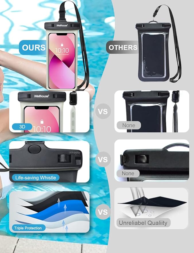 wellhouse Waterproof Phone Pouch, Waterproof Phone Case for iPhone 16 15 14 13 12 Pro Max XS Samsung, IPX8 3D Cellphone Dry Bag Beach Essentials (1 Pack - Luminous Black7.0, 7 inch)