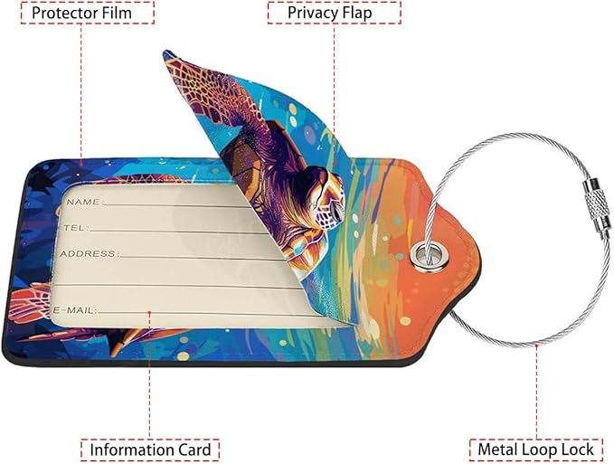 Colorful Wild Sea Turtle Luggage Tag Personalized Luggage Tags for Suitcases,Leather Bag Tags for Backpacks Handbag with Name ID Label Travel Essentials Baggage Tags 2 Pack