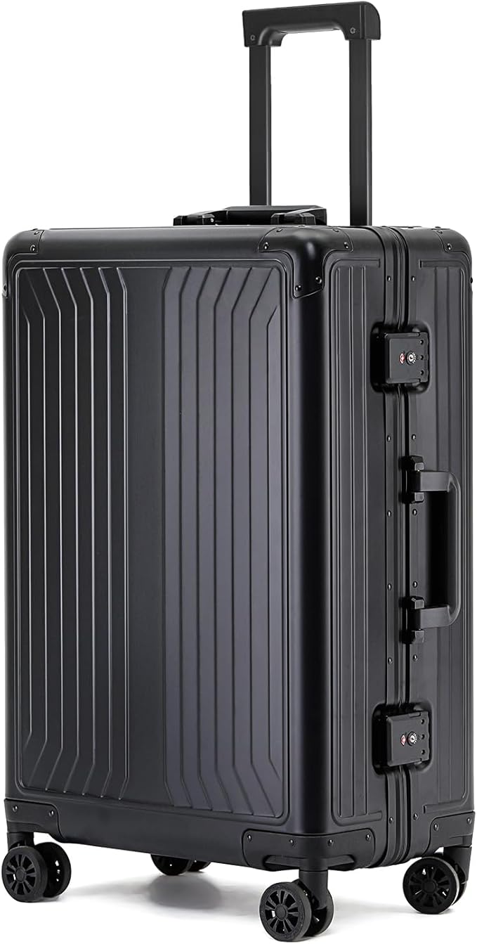 Metal all aluminum carry-on suitcase 20 "hard face, TSA lock and rotating wheel zippered luggage set (black, 28 '')