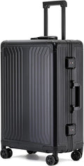 Metal all aluminum carry-on suitcase 20 "hard face, TSA lock and rotating wheel zippered luggage set (black, 24 '')