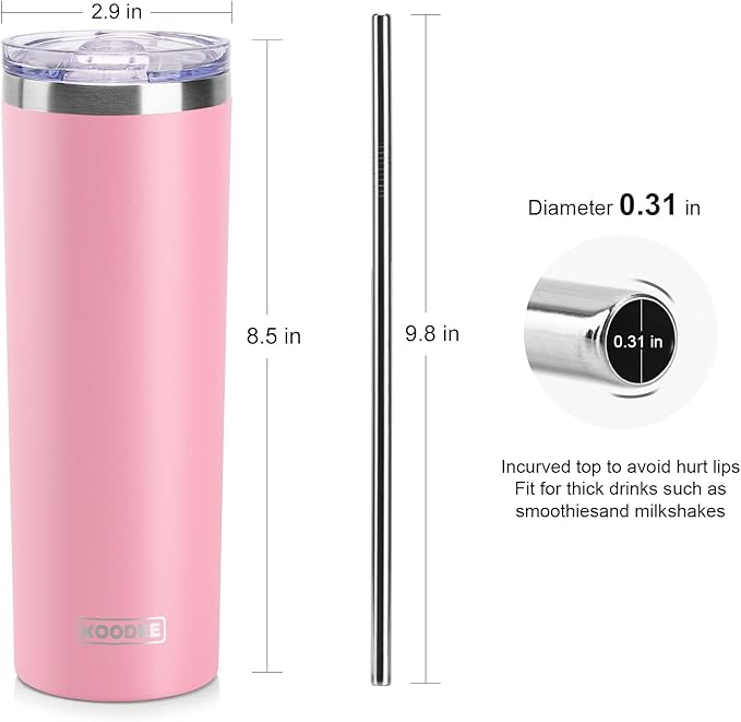 koodee 20 oz Stainless Steel Skinny Tumblers (4 Pack) Double Wall Insulated Water Tumbler Cup with Lids, Straws and Straw Brushes (Teal/Purple/Pink/Black)