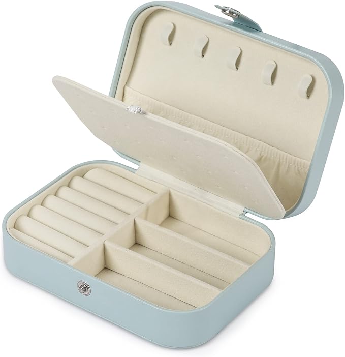 Travel Jewelry Box, PU leather Small Jewelry Organizer For Female Girls, double layer portable mini travel case for storing earrings, rings, necklaces.(Blue)