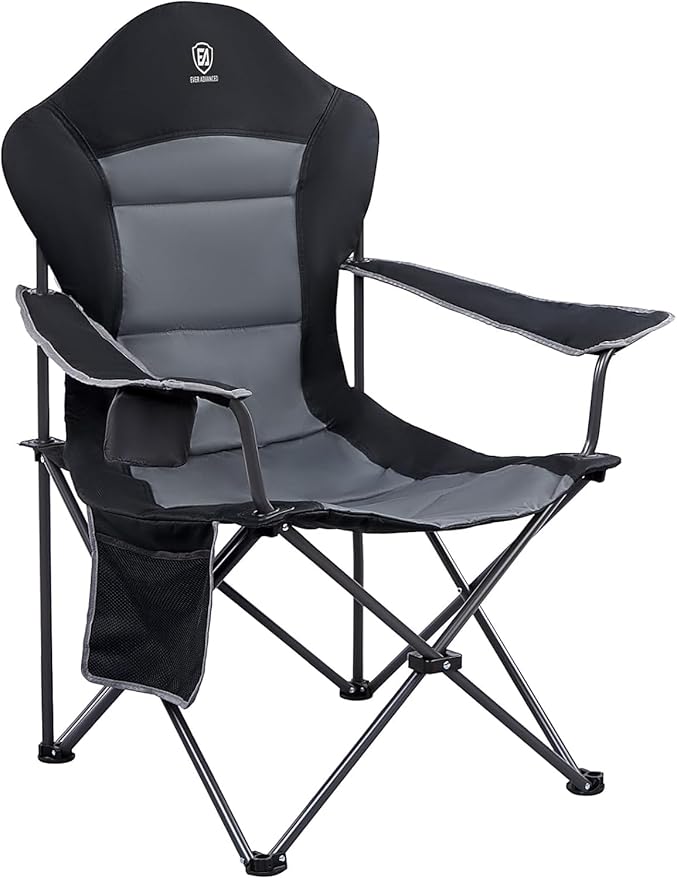 EVER ADVANCED Folding Camping Chair for Outside with High Back Padded Oversized Lawn Chairs Folding Lightweight Sturdy Steel Portable Outdoor Camp Chair for Adults