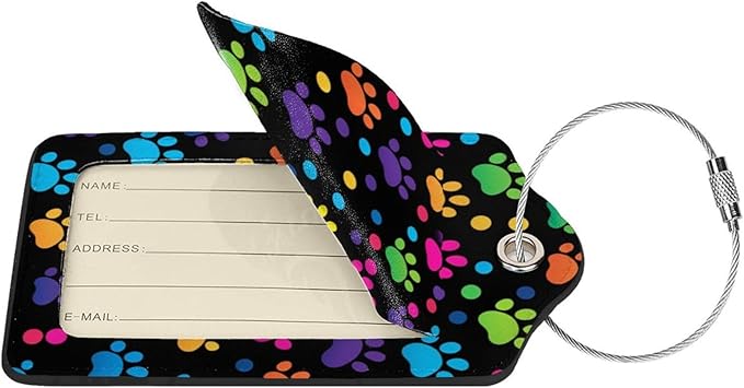 Cute Dog Paws Leather Luggage Tag with Stainless Steel Ring, Fun Name Id Card Cover Travel Bag Tag Set, Suitable for Travel Bag Luggage Women Men 2 PCS