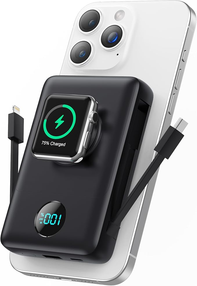 Magnetic Portable Charger for iPhone with Built-in Cables, 6-in-1 10800mAh Power Bank with iWatch Charger & LCD Display,25W PD Fast Charging Battery Pack for Magsafe,iPhone 16/15/14/13/12,Apple Watch