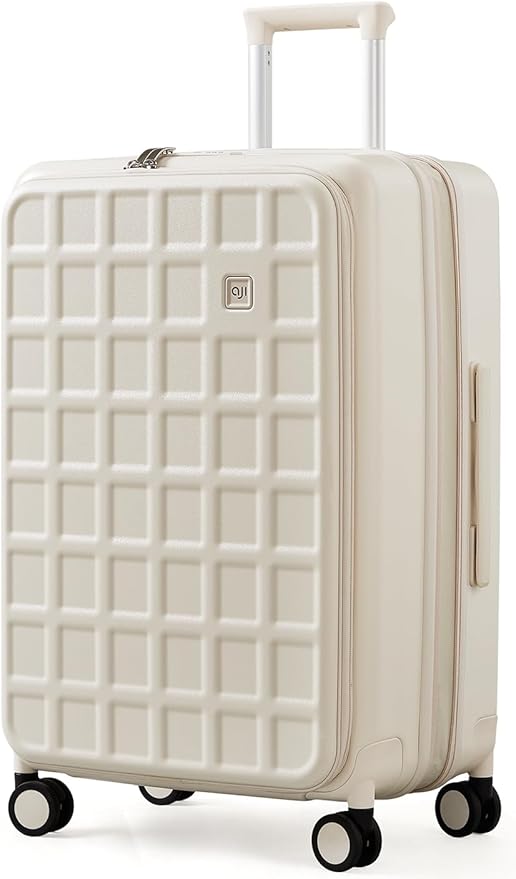 aji Expandable Top Opening 26 Inch Checked Luggage with Spinner Wheels, Large Suitcase with TSA Lock, Hard Shell Travel luggage Suitcases for Men Women, for 20+Days Travel, Coconut White