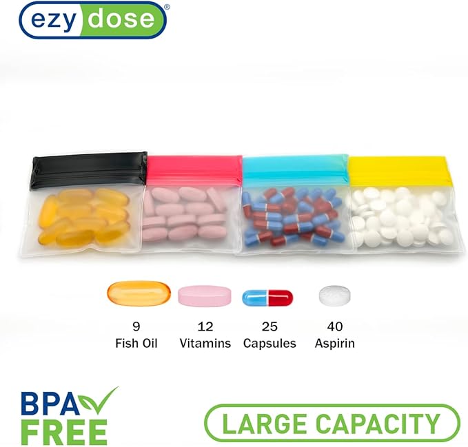 EZY DOSE Reusable 7-Day Pill Pouch Set, Durable Multi-Purpose Travel-Sized Containers, Includes Colors for Easy Identification, Large Storage, Clear, BPA Free, TSA Approved