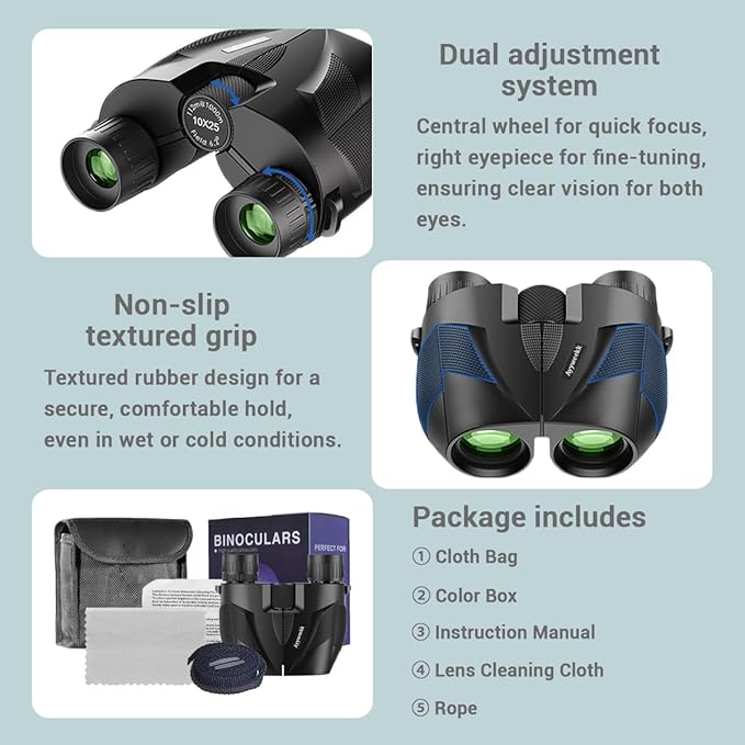10x25 Binoculars for Adults & Kids, Compact HD Binoculars with Large View, Low Light Vision & Easy Focus for Bird Watching, Travel, Concert, Hunting