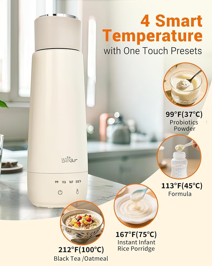 Bear Milk Warmer, Fast Water Warmer for Baby Formula with 10 Oz Large Capacity, Accurate 4 Temp Setting and Automaticlly Keep Warm, Portable Bottle Warmer(No Battery, 110V Only)