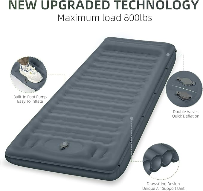 Camping Sleeping Pad, Extra Thick 5 Inch Camping Mat with Pillow Built-in Foot Pump Inflatable Sleeping Pads Compact for Camping Backpacking Hiking Traveling Tent（Gray）