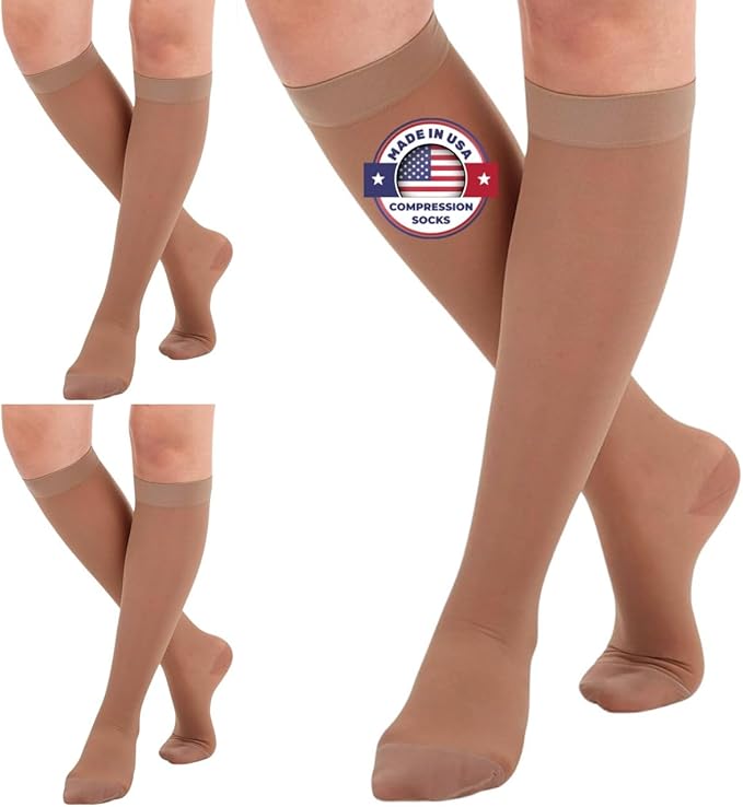 (3 Pairs - Closed Toe) Made in USA - Wide Calf Compression Stockings for Women 15-20mmHg - Womens Compression Knee High Support Socks for Circulation, Embolism, Edema - Beige, 3X-Large - A101BE6-3