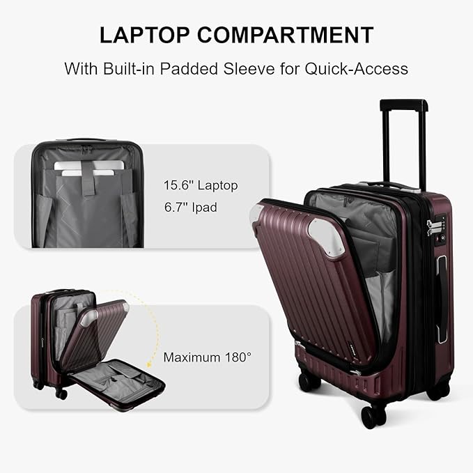 LEVEL8 Grace Carry On Luggage Airline Approved, 20 Inch Expandable Hardside Carry On Suitcase With Wheels, Abs+Pc Small Luggage with Tsa Lock, Red, 20-Inch