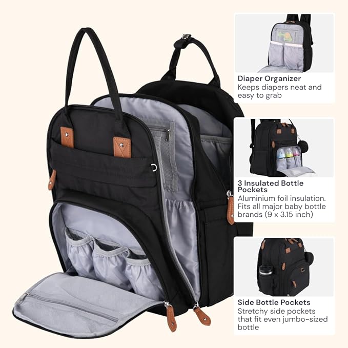 BabbleRoo Extra Large Diaper Bag Backpack, Expandable Baby Bag with Up to 50% More Capacity - Travel Essentials Baby Bag Tote with Changing Pad, Stroller Straps & Pacifier Case - Unisex, Black