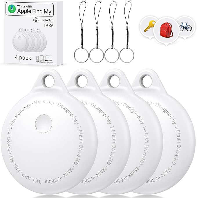 Tags-4 Pack, Smart Bluetooth Tracker Work with Apple Find My, Key Finders and Find My Tracker, Game Changer Waterproof Smart Tag with Key Ring GPS Tracker Tag for Keys/Luggage/Wallet (White)