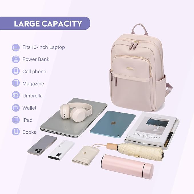 Hiking Travel Backpack for Women Casual Business Weekender Multilayer Laptop Bag,16 Inch,Pink