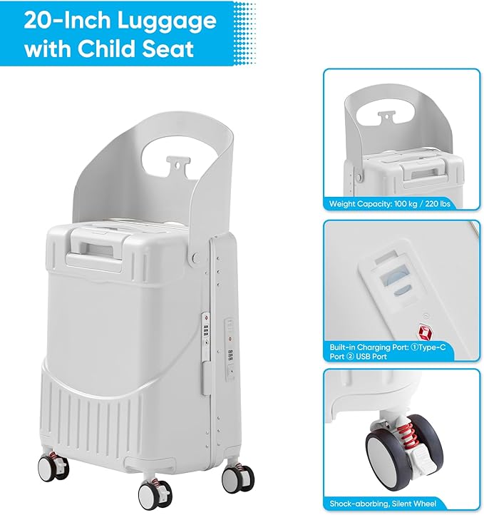 TABU 20" Ride-on Luggage with Seat，Front Opening Carry-On Hardshell Ride On Suitcase with Built-in Charging Port, 360° Lockable Spinner and TSA Lock, for Kids & Adults, White