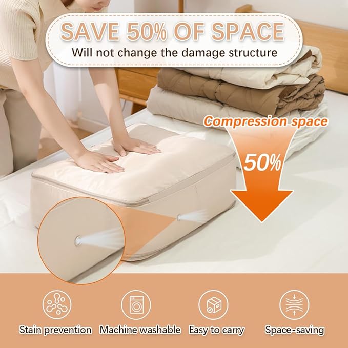 3PCS XL ultra space saving bags self compression organizer bags Space saver bag for comforters storage bag organizer for blankets bedding clothes (Beige-3PCS)