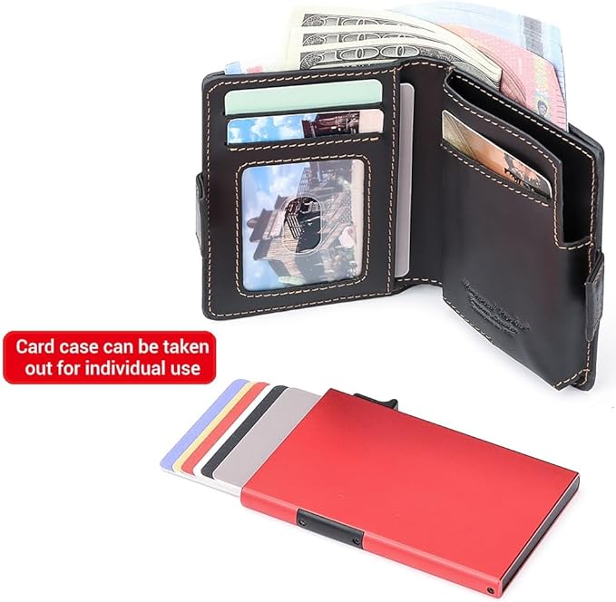 Mens Wallet Card Holder: Pop Up Aluminum Case, Genuine Leather, Smart, RFID Blocking, Slim, Minimalist, Front Pocket - 9-12Capacity | ID Window | Cash Slot