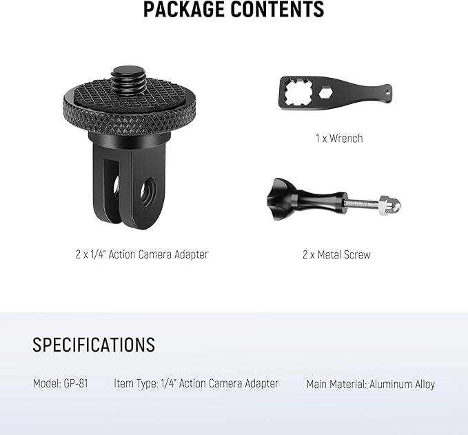 NEEWER Action Camera Tripod Mount Adapter with 1/4"-20 Screw Aluminum Alloy Accessories Compatible with Insta360 X5 X4 X3 GoPro Hero 13 12 DJI Osmo Action 5 Pro 4 3 AKASO APEMAN, GP-81