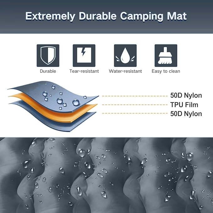Double Sleeping Pad Camping, Self Inflating 6'' Extra-Thick 2 Person Pillow Built-in Foot Pump Waterproof Inflatable Sleeping Mat Backpacking, Tent, Hiking, Portable Camping Pad (Light Gray)