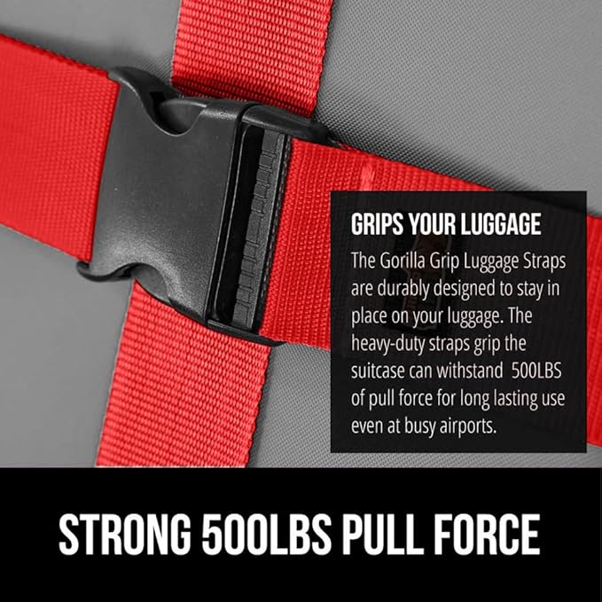 GORILLA GRIP Heavy Duty 4 Pack Adjustable Luggage Straps for Suitcases, Easy to Identify Travel Belt Connector Holds Suitcase Together, Extends Life of Bag, Strap Connects Two Bags, Accessories Red