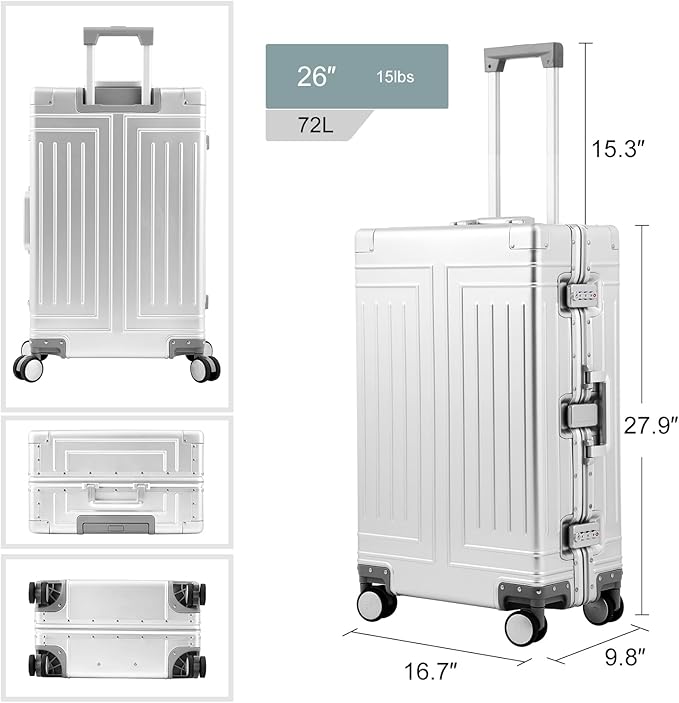 All Aluminum Carry On Luggage，Cut from Whole Aluminum Sheet，22x14x9 Airline Approved ，（3rd Generation，Premium Metal zipperless suitcase ） (silvery, 26inch)