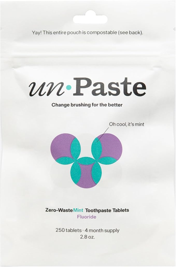 Unpaste Toothpaste Tablets, New Formula, Fluoride Mint, Xylitol Free, Vegan, Plastic Free, Travel-Friendly, Resealable Packet, 250ct, 4 Month Supply