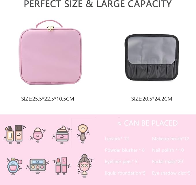 Makeup Bag with Led Mirror,Travel Makeup Organizer with 3 Color Setting & 10X Magnifying Mirror, Portable Storage and Adjustable Dividers Travel Makeup Bag-Light Pink