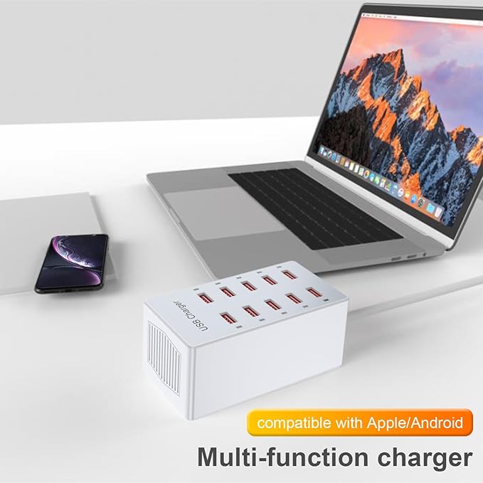 USB Charger 10-Ports Charging Station for Multiple Devices USB Wall Charger Power Hub Strip Smart Plug Charging Dock Block Compatible for iPhone Xs/XR,iPad,iPod,Smart Phones
