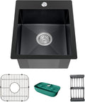 Black Kitchen Sink, Stainless Steel Drop In 15x17x9 Inch Single Bowl Topmount Kitchen And Bar Sink Combo-Stainless Grid,Drain Basket,Faucet Mat,Drain Strainer Set for Modern Style Kitchen&Bar