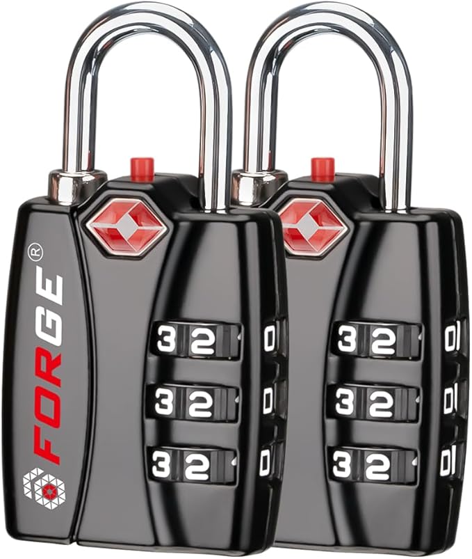 Forge TSA Approved Luggage Locks for School, Gym, Suitcase, Baggage, and Locker. Open Alert Indicator, Easy Read Dials, Alloy Body. Matte Black, 2-Pack.