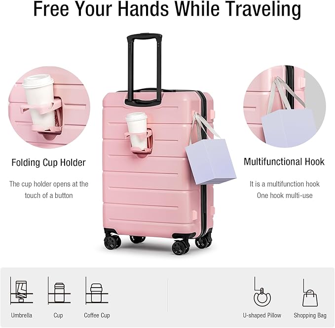 KYME Luggage Sets 2 Piece Hardshell 22"/26" Suitcase with Spinner Wheels Hardside Suitcases Sets with TSA Lock Lightweight Travel Luggage Set with Cup Holder for Women Pink
