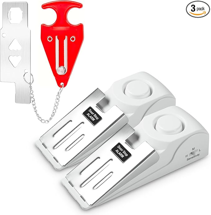 Portable Door Stop Alarm and Traveling Hotel Door Lock, No Installation Required, Provides Double Security for Home, Hotel and Traveling (1 Door Lock + 2 Door Stop)