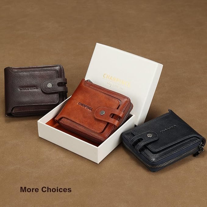 Men's brand buckle driver's license zipper genuine leather wallet, large capacity, multifunctional coin pocket (Coffee)