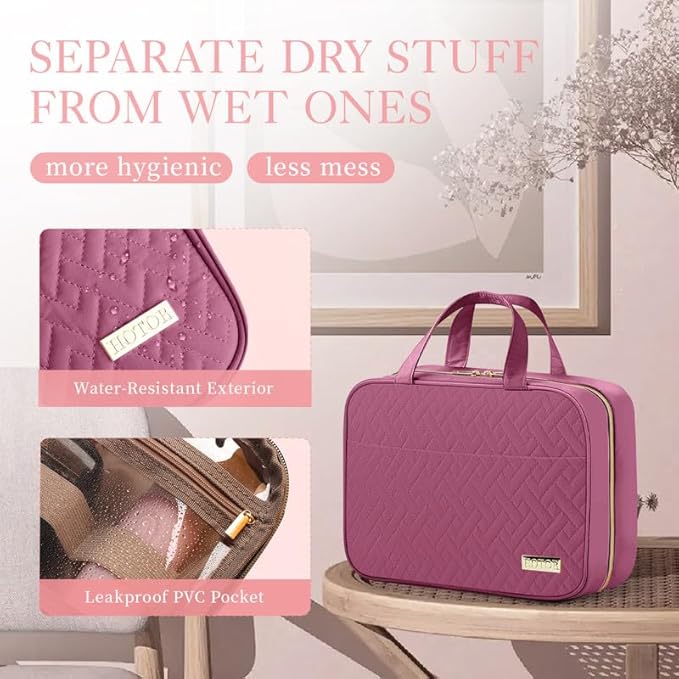HOTOR Travel Toiletry Bag w/Hanging Hook - Spacious Toiletry Bag Essentials for Women & Men, Makeup Bag/Big Comparment, Waterproof for Travel Accessories, Large, Rosewood-Pink