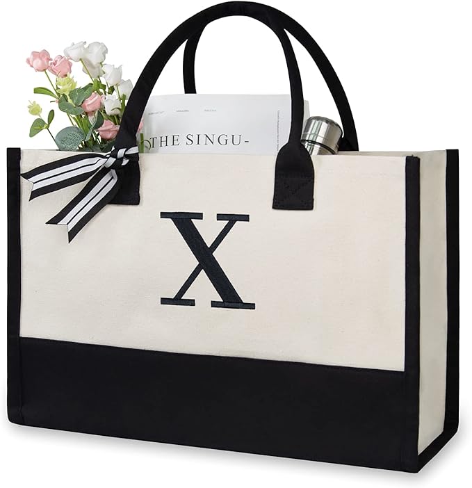TOPDesign Embroidery Initial Canvas Tote Bag, Personalized Present Bag, Suitable for Wedding, Birthday, Beach, Holiday, is a Great Gift for Women, Mom, Teachers, Friends, Bridesmaids (Letter X)