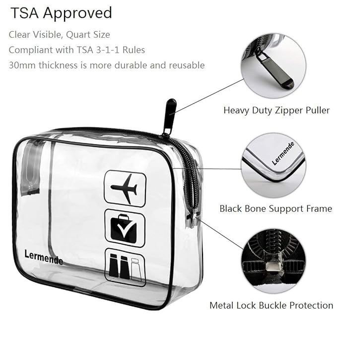 Lermende 2pcs Clear Toiletry Bag TSA Approved Travel Bag,Carry On for Travel,Airport Airline Accessories Compliant Bag,Quart Sized Makeup Cosmetic bag Women Men (Black, 2 Pack)