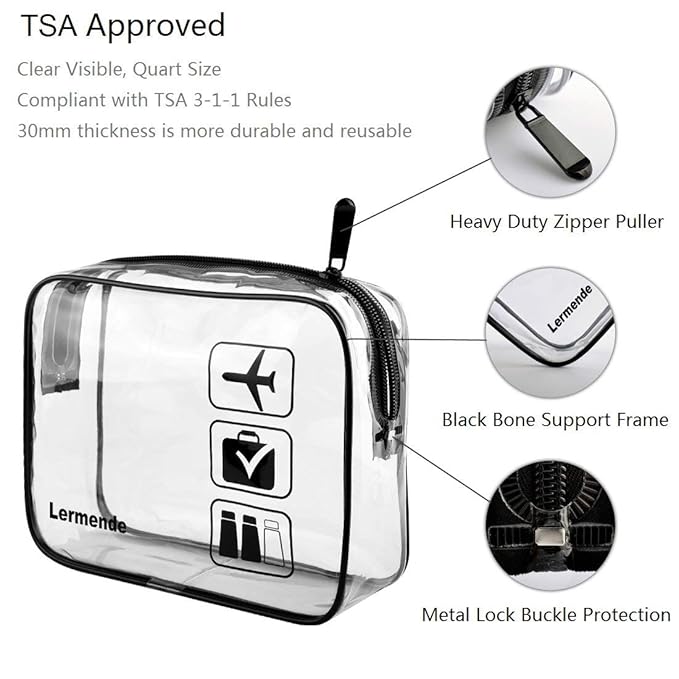 Lermende 2pcs Clear Toiletry Bag TSA Approved Travel Bag,Carry On for Travel,Airport Airline Accessories Compliant Bag,Quart Sized Makeup Cosmetic bag Women Men (Black, 3 Pack)